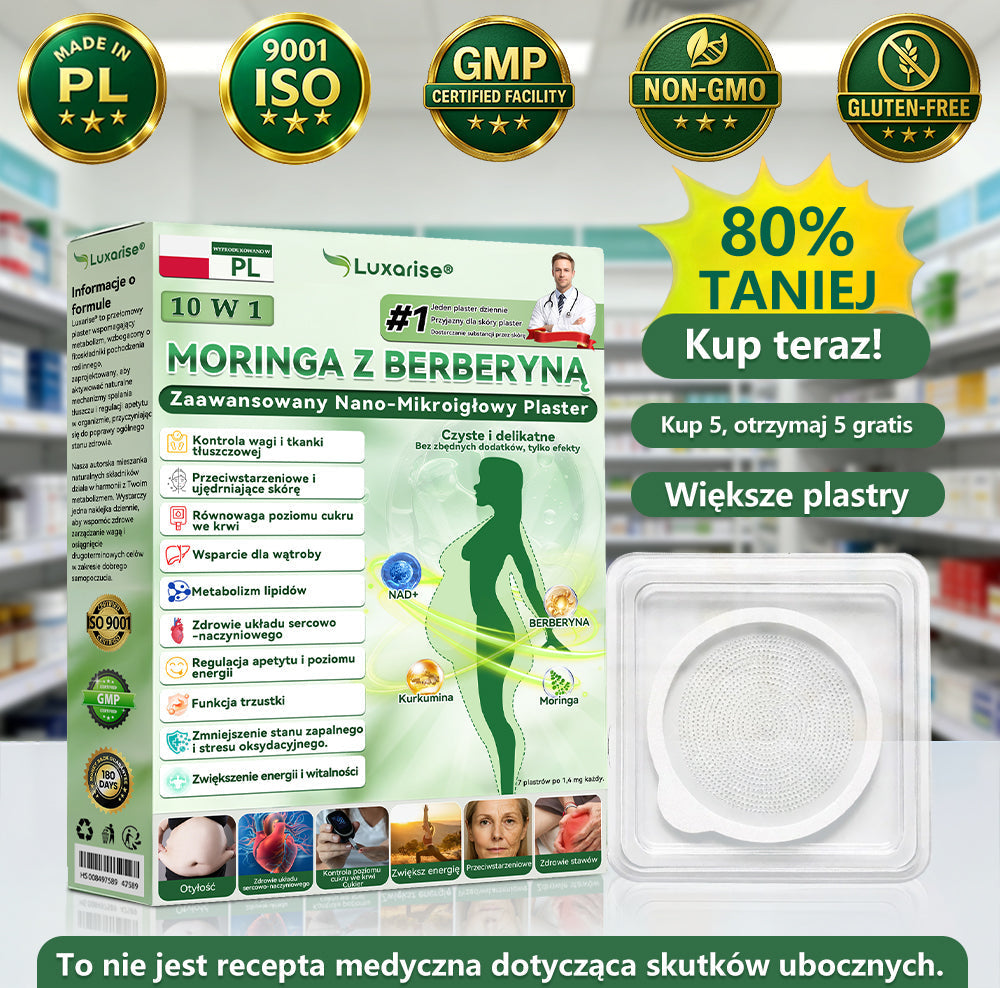 Oficjalny sklep| 𝑳𝒖𝒙𝒂𝒓𝒊𝒔𝒆® MORINGA Z BERBERYNA 10W1 Zaawansowany Nano-Mikroigłowy Plaster 🩹(Stosować raz na dobę, zauważalne efekty w ciągu 7 dni)✅Otyłość, cukrzyca, bezdech senny oraz schorzenia stawów 🌿